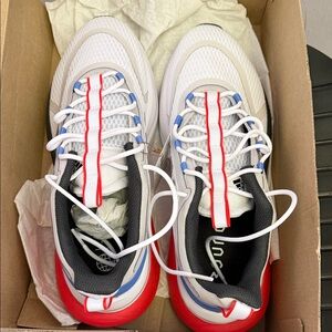 Adidas White Sneakers with Red and Blue Accents